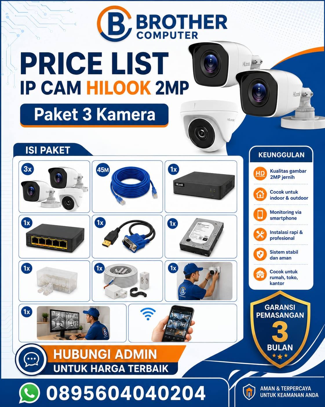 PAKET 3 CCTV HILOOK IP CAM 2MP