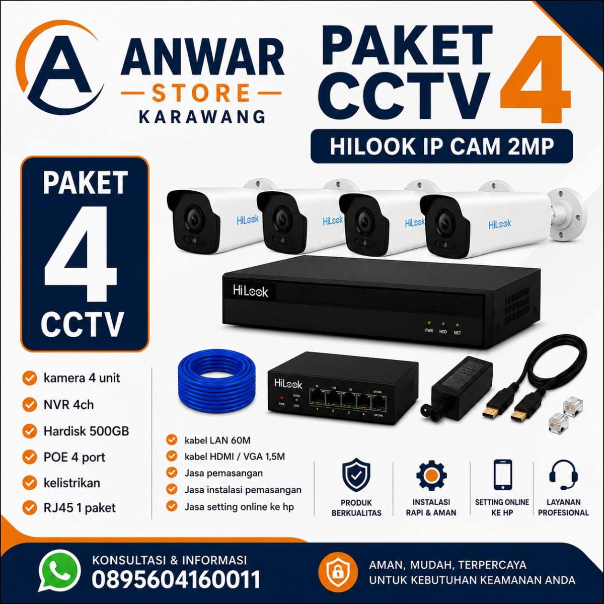 PAKET 4 CAM CCTV HILOOK IP CMA 2MP