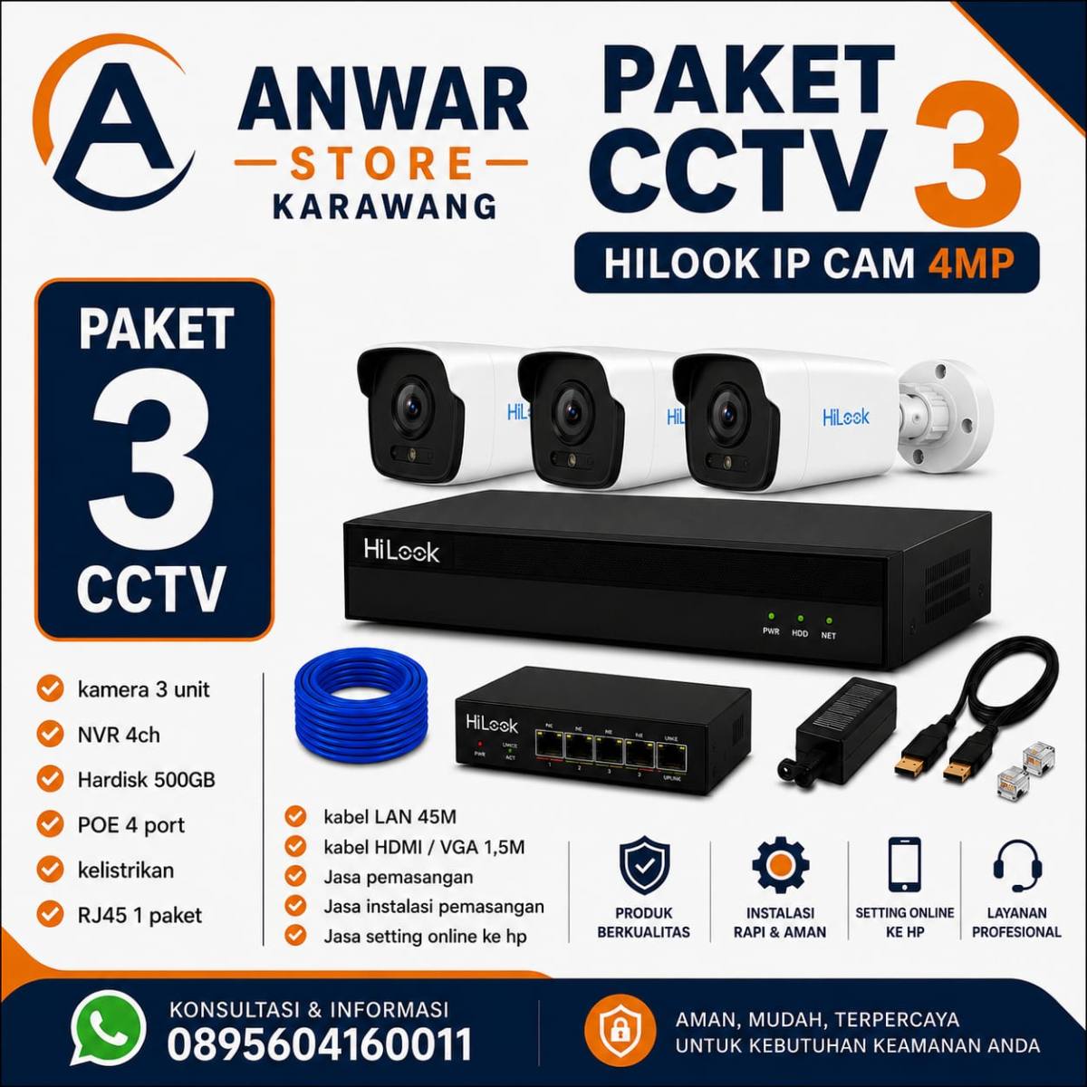 PAKET 3 CAM CCTV HILOOK IP CAM 4MP